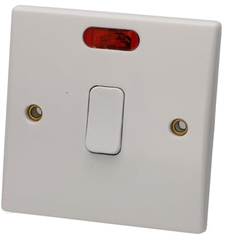 kenable 1 Gang 20A Double Pole Switch with Neon Indicator Light | Rounded White Faceplate | Wall Mounted Isolator Switch for Water Heaters & Kitchen Appliances | 25mm