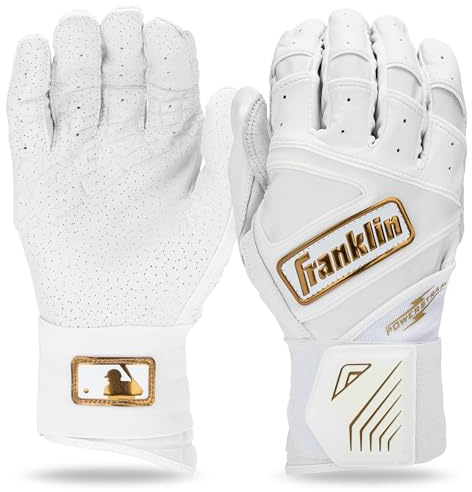 Franklin Sports MLB Batting Gloves - Infinite Powerstrap Baseball + Softball Batting Gloves - Durable Full Wrap Cage Practice Gear - Long Cuff Wrist + Heavy Duty Leather - Adult Large - White + Gold