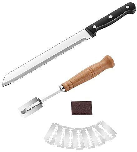Pleafind Cuchillo Pan y Cuchillo de Panadero, Cuchillo Pan de Acero Inoxidable Dentado, Mango Ergonómico, Cuchillo para Masa con 8 Hojas de Navaja Cuchillo para Hacer Patrones de Masa de Pan DIY