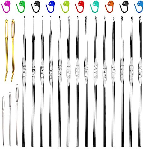 SUVSOON 0.5-1.9mm Crochet Hooks, 14 Sizes Iron Ergonomic Crochet Hooks Set with Big Eye Yarn Needle and Stitch Markers Clip Extra Long Crochet Needles for Lace Craft Knitting Beginners