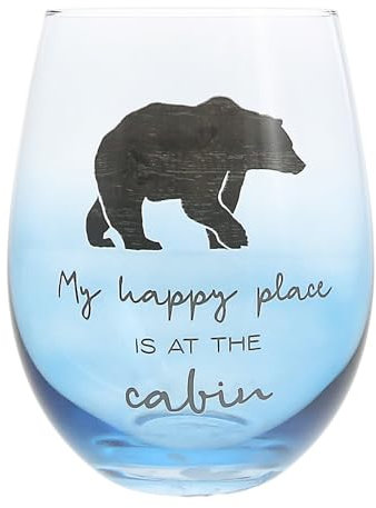 Pavilion Gift Company - My Happy Place - 18 ounce Stemless Wine Glass, Lodge Collection, Cabin Themed Gifts or Rustic Décor for Men or Women, Wine Tasting Gifts, 1 Count (Pack of 1), Blue