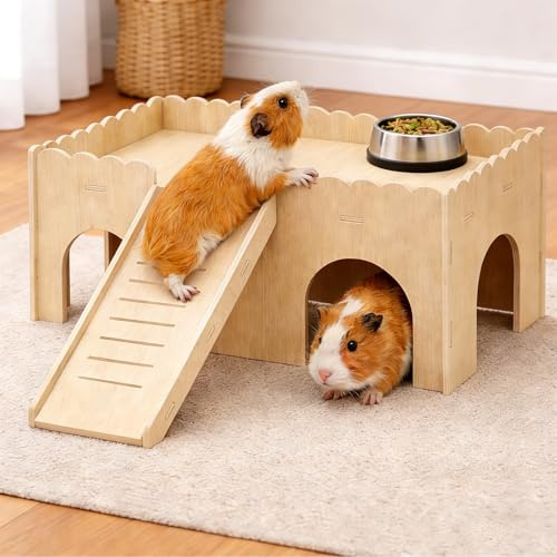 JWShang Large Wooden Guinea Pig House, Hideout Hut with Cave Stairs, Detachable Castle with Ramp, Small Animal House Habitat with 4 Entrances for Rat, Hamster, Hedgehog Hiding and Playing