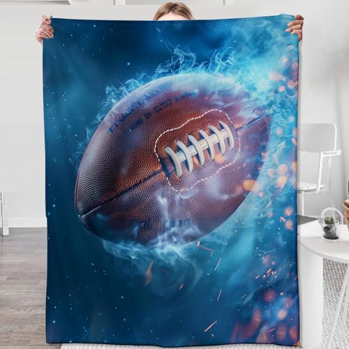 Fußballdecke, Fußball-Geschenke für Erwachsene, Fußball-Bettwäsche, Dekor, Flanell, blaue Flamme, Fußball-Überwurfdecke, Fußballsachen, Dekorationen, warme weiche Decke für Bett, Sofa, Büro, 152,4 x