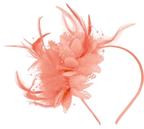 Ladies Fascinator Wedding Hat,Headdress Feather Mesh Hair Accessories Faux Flowers Head Flowers Retro Fascinators Hat Flower Mesh Ribbons Feathers On A Headband Wedding Prom Women Girls(Pink)