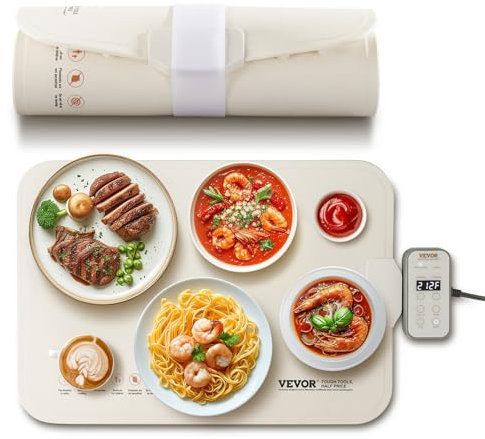 VEVOR Bandeja Eléctrica para Calentar Alimentos para Bufé, Silicona Enrollable y Portátil con 4 Configuraciones de Temperatura Ajustables, Apagado Automático y Bloqueo para Niños, 500 x 350 x 14,5 mm
