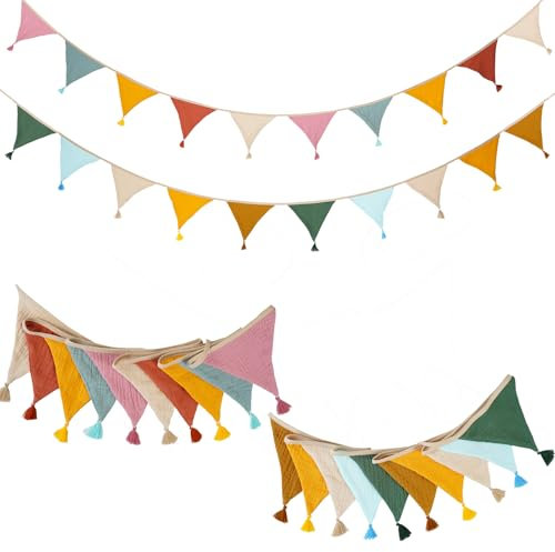 2 Stück Wimpelkette Kinderzimmer, 2.6m Musselin Baumwolle Stoff Wimpelkette mit Quasten, Girlande Kinderzimmer Deko zum Aufhängen,Hausbett Deko Mädchen & Jungen,Wanddeko Geschenk,Babyzimmer Dekoration