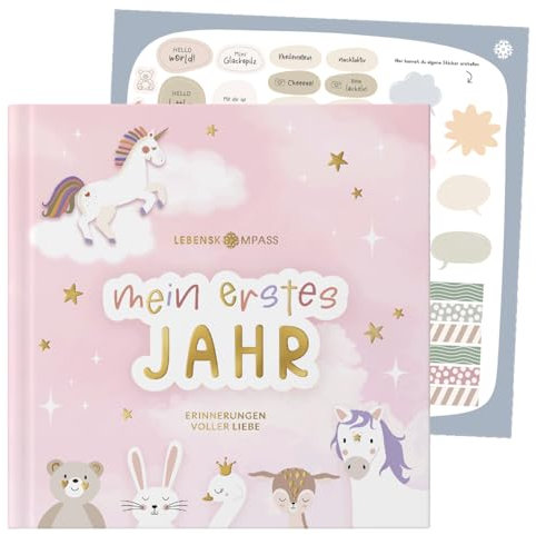Lebenskompass® Babyalbum Mein erstes Jahr EINHORN mit über 75 Stickern & Spruchkarte EXTRA - Ein Baby Buch zum Eintragen - Das Babytagebuch & Erinnerungsbuch für Mädchen & Jungen