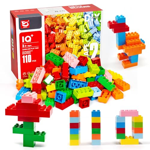 Hanari Brique De Construction 110 Gros Bloc De Construction Compatible avec la Plupart des Marques 8 Couleurs différentes Stimule l'imagination des Enfants À partir de 4 Ans