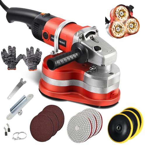 Electric Concrete Grinder, Adjustable Speed Rock Polisher, Floor Polishing Machine for Stone Marble Tile Cement Concrete Floor Grinding Cleaning, 3x Diamond Grinding Wheels, 3 Sets Sanding Pads