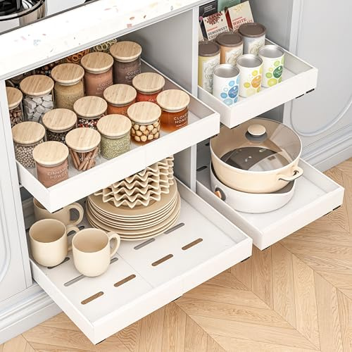 THMINS 4 Pack Pull Out Cabinet Organizer, 52.5cm Deep Expandable (32-52cm), Strong and Durable, Waterproof and Anti-Fouling, Pull Out Drawers for Cabinets Suitable for Kitchen Storage (White)
