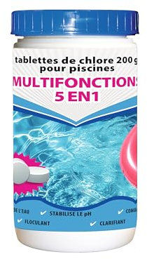BSI - Chlore Multifonctions - 5 en 1 - Action Longue Durée - Dissolution Lente - Désinfectant, Anti-Algues, Floculant, Clarifiant et Stabilisateur pH - Idéal pour Piscine Et Spa - Galets 200g - 1Kg