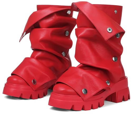 Celbreez Platform Boots Slouchy Fold Over Boots for Women Red Mid Calf Wide Calf Leather Shark Boot Stacked Motorcycle Goth Punk Combat Boot Round Toe Pull On 2025 Party Cute Shoes