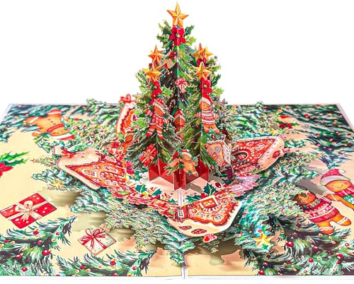 zengreeting Pop Up Christmas Card, 3D Christmas Tree Christmas Cards for Kids, Gingerbread Man Xmas Card Gift for Kids, Men, Women- Include Note Card & Envelope