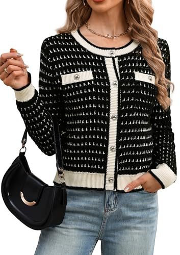 ELLEVEN Tweed Chunky Cardigan Sweaters for Women Lightweight Long Sleeve Cropped Button Up Cotton Fall Knit Sweater Jackets Black XX-Large
