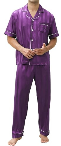 TeJoyce Pijama Seda Hombre Largo Verano, Dos Piezas Satén Ropa de Dormir, Conjunto Raso Manga Corta con Botones y Pantalón, Ropa de Casa Elegante y Ligera (Morado - 1, XL)