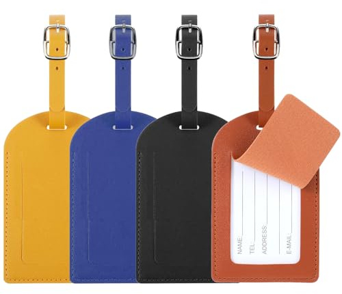 DOPENSPI 4 Pcs Faux Leather Luggage Tags with Privacy Protection Cover, Luggage id Tags Labels Identifiers Travel Tag with Adjustable Stainless Steel Buckle for Suitcases Bags Travel Accessories
