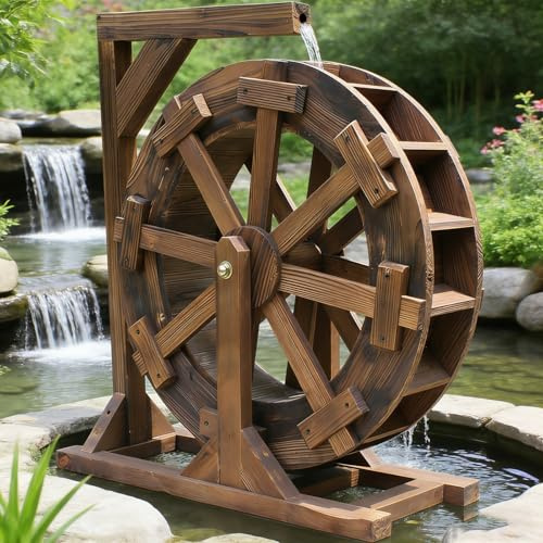 Fontana a ruota idraulica da giardino, fontana a ruota idraulica in legno autorotante con supporto,decorazione per laghetto da giardino,fontana ornamentale vintage per la circolazione dell'acqua(30cm)
