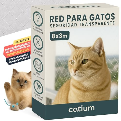 CATIUM Red para Gatos 8x3m hasta 10x3m Seguridad Transparente Ideal Balcón Ventana Terraza Protección Exterior Interior Malla Antidesgarro Duradera Montaje Kit Completo Cuerda Ganchos Bridas Juguete