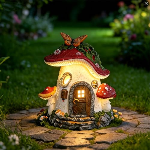 Sinlay Statue De Maison Champignon Papillon Tombant Decoration, Lampes Solaires Decoration Jardin Exterieur, Sculptures Et Statues De Jardin, RéSine, éTanche, pour Terrasses, Jardins Et Pelouses (A)