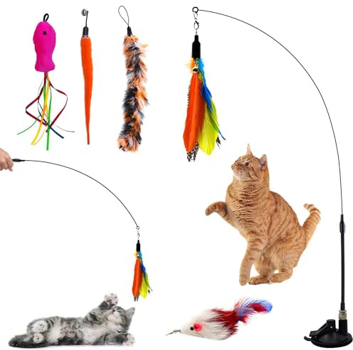 Autoau Cat Toys for Indoor Cats Adult, Interactive Cat Toy Training with 5 Feather Accessories, Cats Feather Toy Suction Cup Pet Teaser Wand Toys for Boredom and Exercise