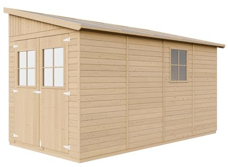 TIMBELA M340+M340G Abri de Jardin en Bois Naturel (sans paroi latérale) Plus Les PLANCHERS IMPRÉGNÉ- Stockage extérieur avec fenêtres- H243x216x416 cm/8 m2 - Atelier Rangement Outils et vélos