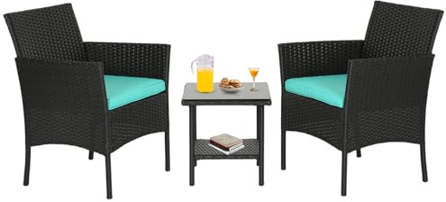 FDW 3 Piece Outdoor Furniture Set Patio Wicker Chairs Furniture Bistro Conversation Set 2 Rattan Chairs with Blue Cushions and Glass Coffee Table for Porch Lawn Garden Balcony Backyard