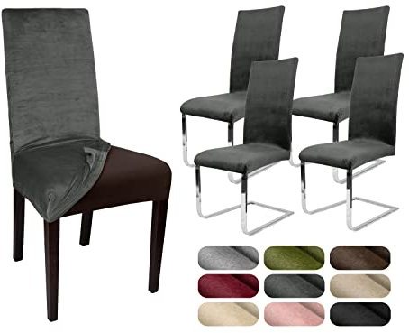 BEAUTEX 4er Set LEA Stuhlhusse, elastische Uni Stretch-Husse aus Samt Mikrofaser Farbe wählbar (Grau)