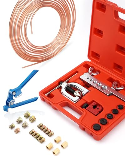 Racewill 25 ft 3/16 Copper Coated Brake Line Kit +Tube Bender (Includes 16 Fittings and 4 Unions Brake Line Fittings) + Brake Line Double & Single Flaring Tool Kit