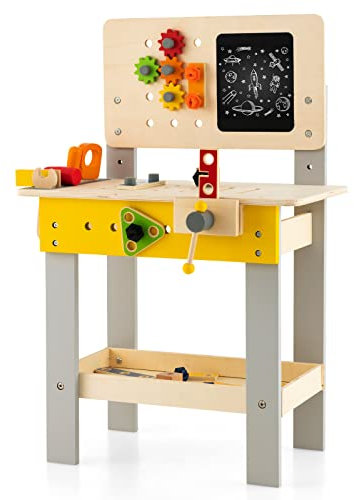 Maxmass Wooden Kids Workbench, Children Tool Bench Set with Hammer, Wrench, Blackboard, Storage Shelf, Pretend Play Carpenter Workstation for Boys Girls 3+ Years Old