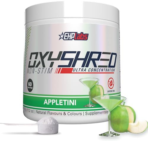 EHPlabs OxyShred Non Stimulant Thermogenic Pre Workout Powder & Shredding Supplement - Pre Workout Powder with L Glutamine & Acetyl L Carnitine, Energy Boost Drink - Appletini, 60 Servings