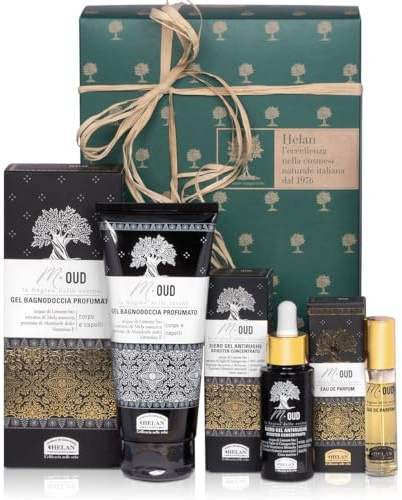 Helan M Oud - Mens Gift Set with Perfume for Men 10 ml + Shampoo, Bath & Shower Gel for Men with Vitamin E & Sweet Almonds Proteins 200 ml + Anti-Wrinkle Face Serum with Retinol 30 ml - Made in Italy