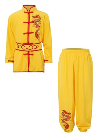 Mufeng Kinder Jungen Tai Chi Uniform Langarm Kung Fu Shirt mit Wushu Hose Chinesisch Kung Fu Wing Chun Stickerei Kostüm Set Sport A Gelb 122-128