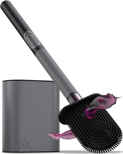 MooStar 1-Pack Silicone Toilet Brush with Holder - Stainless Steel Wall-Mounted & Free-Standing Toilet Brushes and Holders with Quick-Drying Flexible Flat Brush Head & Soap Dispenser for Bathroom-Grey