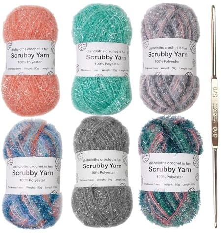 Fil Scrubby - 6 Couleurs Assorties Fil Spar-kle Scrubby | Assortiment De Fils De Polyester Scrubby Shine | Fil De Tissage Au Crochet Pour Le Crochet, Le Tricot (B)
