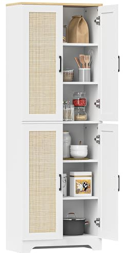 HOMCOM Alacena de Cocina con Estantes Ajustables Aparador de Cocina Puertas de Ratán y Sistema Antivuelco 60x30x170 cm Blanco