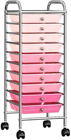 Chariot de Rangement à Roulette, Tour de Rangement Mobile Desserte à Roulettes à 10 tiroirs Ombre Rose Plastique