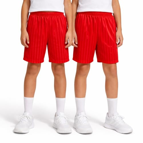 KHIM Pack of 2 Shadow Stripe School PE Sports Football Games Shorts Boys Girls Kids Childern (2-3 Years Red)