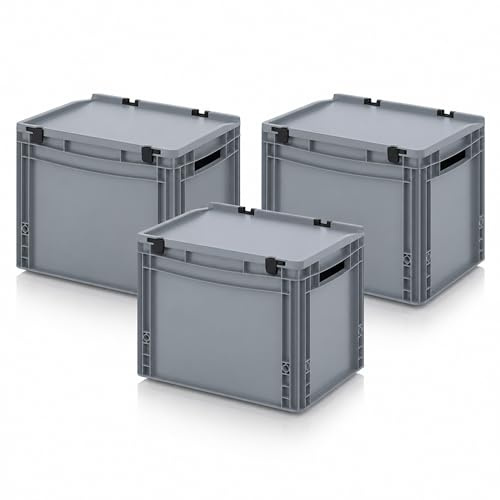 AUER - 3 contenitori Euro con coperchio incernierato, ED 43/32, 40 x 30 x 33,5 cm, impilabili, per cantina, robusti e leggeri