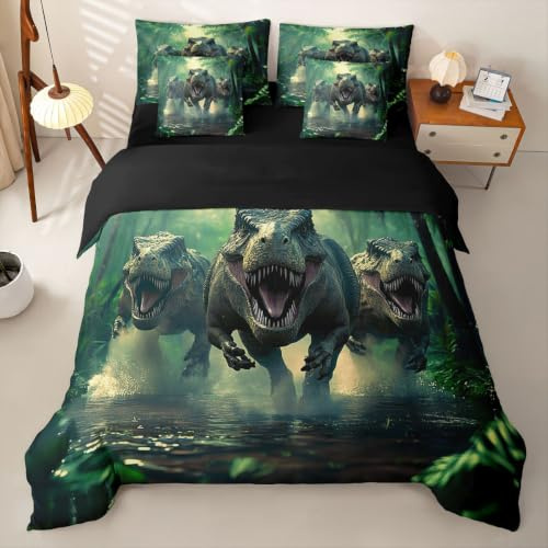 Loussiesd Dinosaurie påslakan med lakan 7 delar super king size 3D dino tryck komplett bäddset djungel dino sängkläder set djur sovrum dekor andningsbar mjuk lätt mikrofiber