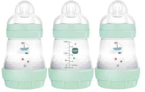 MAM Easy Start Anti-Colic Bottle 5 oz (3-Count), Baby Essentials, Slow Flow Bottles with Silicone Nipple, Baby Bottles for Baby Boy, Blue
