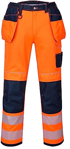 Portwest T501 Mens PW3 Hi Vis Work Trousers - Holster Pocket Workwear Safety Construction Trousers Orange/Navy Short, 32