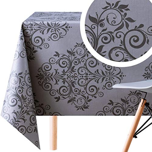 KP HOME Vaxduk barockstil damast mörk grafit och grå - präglad rektangulär 300 x 140 cm - avtorkningsbar PVC-bordsduk vattenavvisande - elegant orientalisk vinyl vaxduk lättskött