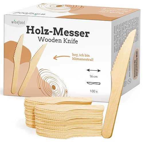 wisefood Einwegmesser aus Birkenholz, 20 Stück Einweg Holzmesser 16cm, Biologisch abbaubares Einwegbesteck, Natürlich, stabil, umweltfreundlich mit plastikfreier Verpackung