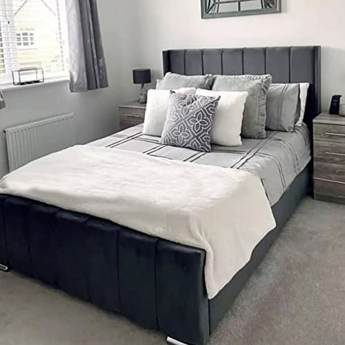 THE BED VILLAGE YORKSHIRE Wing Panel Upholstered Bed Frame. Velvet Crushed/Plush Bed Frames With Winged Panelled Headboard. Wingback Padded Head Board For Bedroom (5ft King Size, Grey Plush)