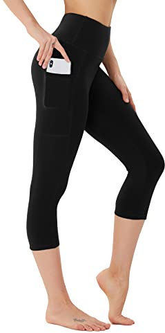 FOTOCITI Leggings Damen mit Tasche Capri Leggins High Waist Caprihose Sommer Blickdicht Sportleggins Sporthose Hose Gym Outdoor Yoga(Schwarz,L-XL)