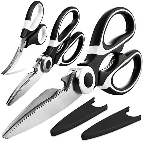 OMDAR 3 Pack Kitchen Scissors - Lifetime Replacement Warranty- Heavy Duty Stainless Steel Cooking Shears for Cutting Meat, Food, Fish, Poultry Multipurpose Sharp Sissors