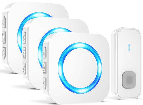 Wireless Doorbell, Waterproof Doorbell Operating at 1300-ft Range with 55 Ringtones 5 Volume Levels and Mute Mode LED Flash,1 Transmitter/Push Button+3 Receivers Door Bells for Home Classroom(White)