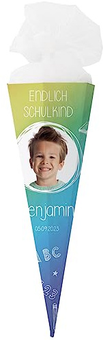 Striefchen® Schultüte mit Foto und Namen Ihres Kindes - eckig, fertig gebastelt Schultafel 80 cm Bunt