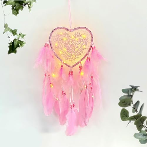 JZK Acchiappasogni a forma di cuore con piume rosa e pizzo e luci a LED per ragazza e donna regalo per compleanno matrimonio, decorazione ornamento da parete per camera da letto bambina