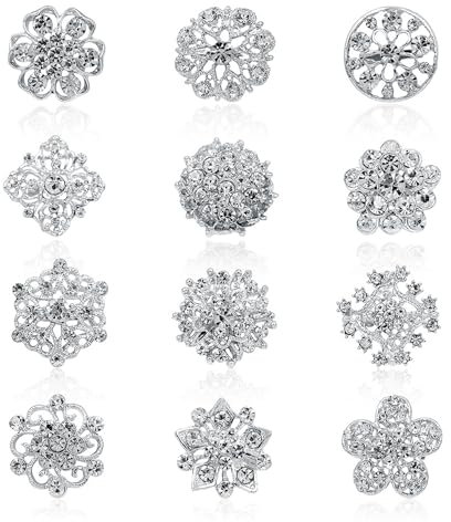 Rumyve Crystal Brooch - 12 Pcs Women's Blouse Wedding Brooch for Wedding Party, Home Decor & DIY Christmas Crafts (Sliver)